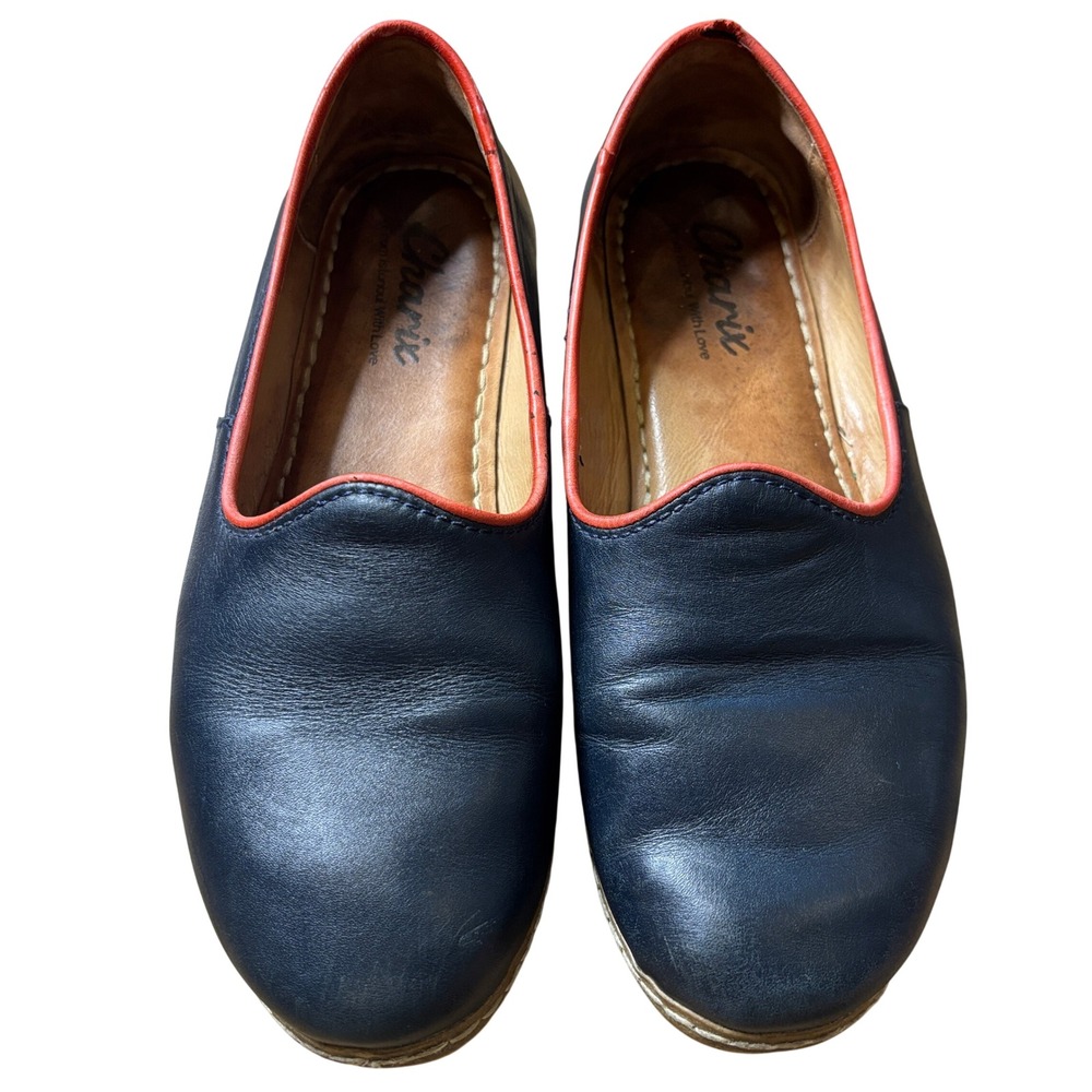 Charix Leather Loafers Navy Blue Red Handmade Slip On Flats Size 39